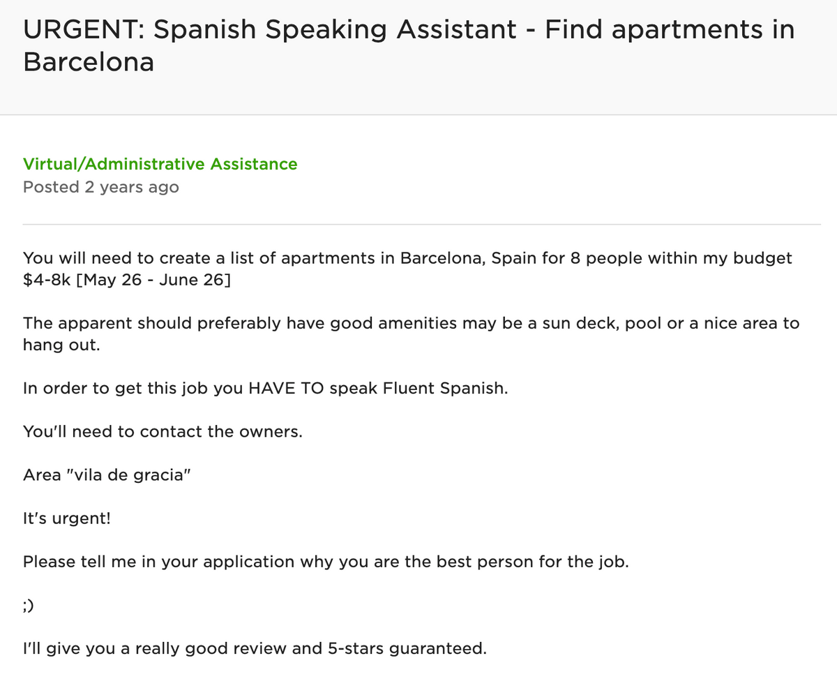 The Upwork job post: urgent Spanish-speaking assistant to find apartments in Barcelona