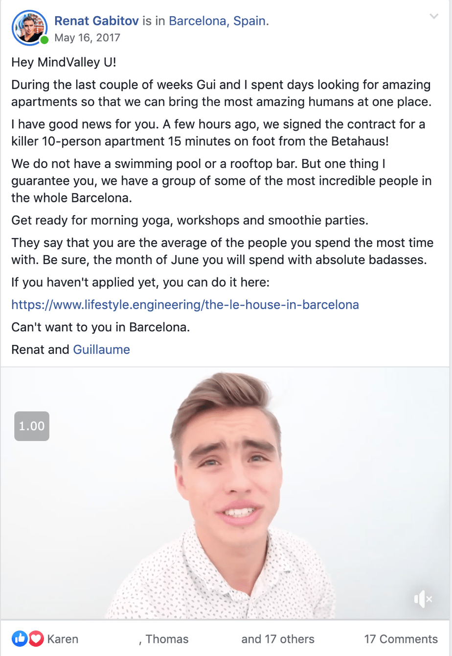 The second Facebook post announcing the signed 10-person apartment