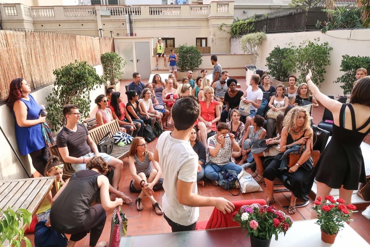 A packed rooftop talk with an external speaker