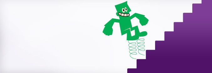 Green cartoon figure bouncing up purple stairs on springs