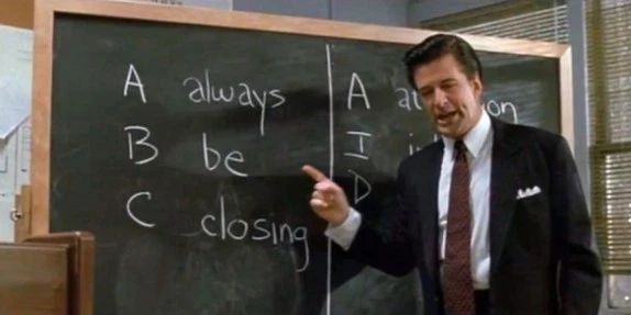 Alec Baldwin at a blackboard reading "Always Be Closing"