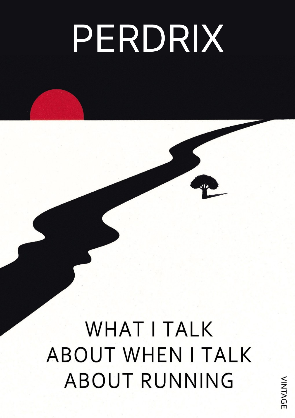 Book cover: a black winding road across white ground under a red sun